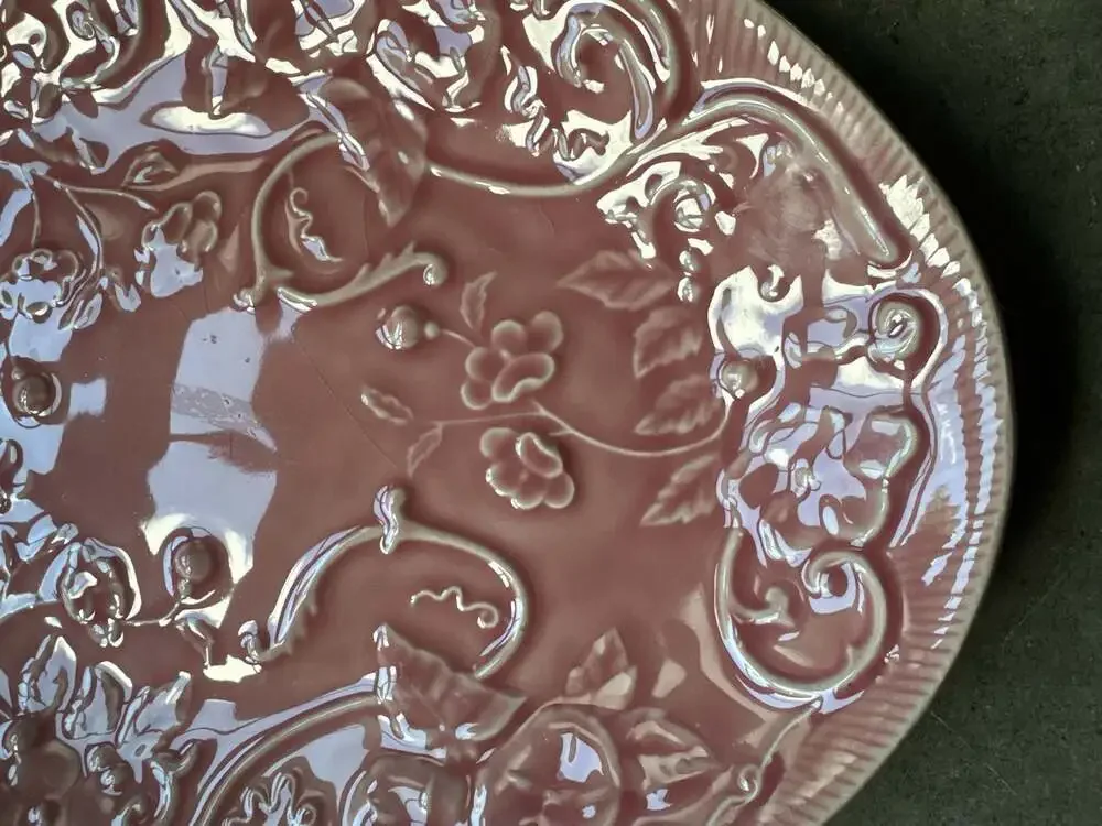 Bordallo Pinheiro Pink Majolica Floral Embossed Oval Platter Made in Portugal